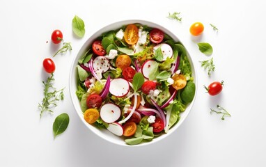 Vegetable salad in a bowl with tomatoes, cucumbers and radish on a white background 