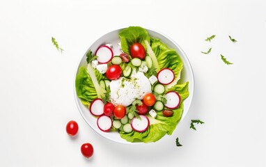 Naklejka na ściany i meble Healthy salad with radish and celery in a bowl on a white background 