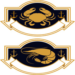 orange crab and lobster seafood restaurant logo and ship anchor with dark black baground.