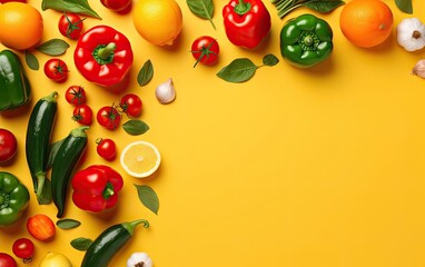 Obraz premium A minimalistic flat lay photo of colorful fruits and vegetables on a bright yellow background