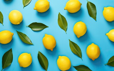 Minimalistic flat lay photograph of lemons and leaves on a bright blue background