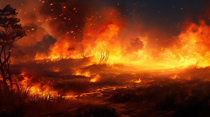 Field in fire photorealisticrealistic background 