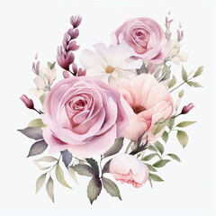 Flowers to decorate a wedding card, Roses and Eustoma, light pink watercolor style, individual arrangements, AI generated