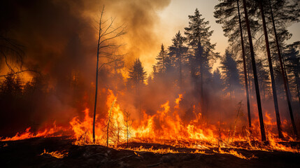 Large flames of forest fire  - obrazy, fototapety, plakaty