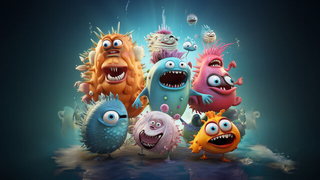 Viele kleine bunte s&uuml;&szlig;e Monster mit frechen Grimassen und glubbsch Augen cartoon, ai generativ