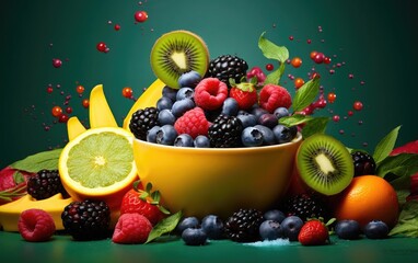 An artistic photograph of a mix of vibrant fruits placed on a bold and vibrant background