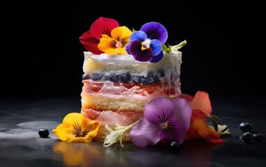 Cake with colorful layers and frosting decorated with edible flowers isolated on a dark background