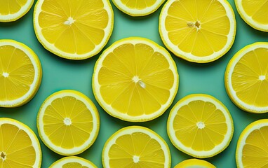 Obraz premium Slices of lemons on a green background