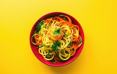 An overhead shot of a bowl of colorful vegetable noodles, such as spiralized carrots, zucchini, and beets, placed on a vibrant yellow background