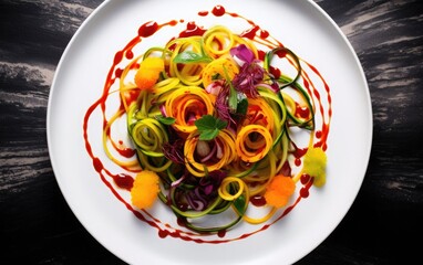 An overhead shot of colorful vegetable noodles, made from spiralized zucchini, carrots, and beets, with vibrant sauces and garnishes, presented on a white plate