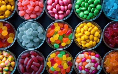 An overhead shot of jars of colorful candies - Powered by Adobe