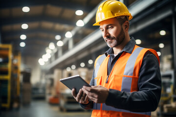 Obraz premium Professional Heavy Industry Engineer Worker Wearing Safety Uniform and Hard Hat Uses Tablet Computer. Serious Successful Female Industrial Specialist Standing in a Metal Manufacture Warehouse. High