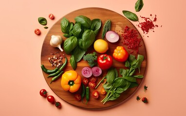 An overhead shot of a wooden cutting board with a variety of colorful vegetables and herbs, such as cherry tomatoes, bell peppers, and basil leaves, isolated on a pink background