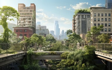 Rewilding the city, the big city transformed into a lush urban jungle, with verdant parks, vertical gardens on buildings, and diverse native wildlife thriving amidst the greenery