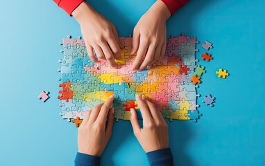 An overhead shot of people's hands assembling a vibrant puzzle on a bright blue background