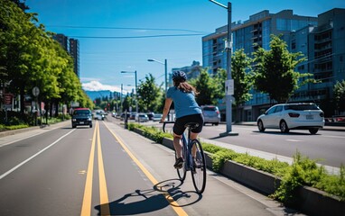 Green Commuting: A cyclist riding an electric bike on a dedicated bike lane, showcasing...