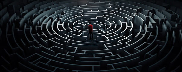 Man silhouette in maze or labyrinth. Finding solution and self concept 