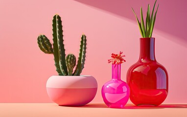 Cactus, other leaves, and flowers in pots and vases on a bright pink background
