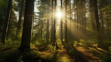 Sunlit forest with rays of sunlight filtering through the trees, Generative AI.
