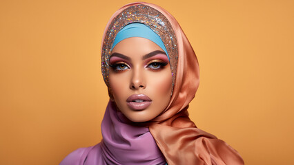 Hübsche arabische Frau Gesicht mit bunten hijab hidschäb unhüllt porträt, ai generativ
