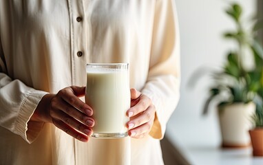 A person holding a glass of potato milk in her hands, showcasing a dairy-free option to start the day
