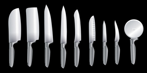 Kitchen knives hanging set isolated. meat chef cutting hatchet, cooking cutlery types. Sharp blade cooking tool for kitchen, folding combat knife, kitchenware for cutting of stainless steel