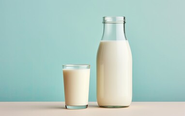 The glass and bottle of milk on a simple background