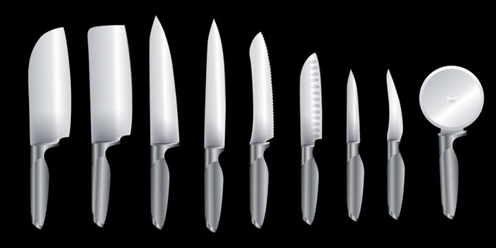 Kitchen knives hanging set isolated. meat chef cutting hatchet, cooking cutlery types. Sharp blade cooking tool for kitchen, folding combat knife, kitchenware for cutting of stainless steel