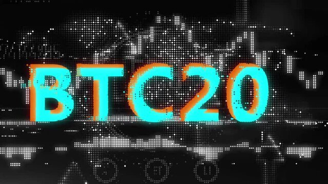 bitcoin btc 20 animation with title text and graphtrading in background. Neon glowing glitch with flickering effect.