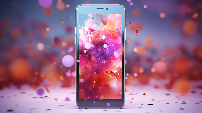 smartphone on abstract colorful background, advertising illustration. Generative AI