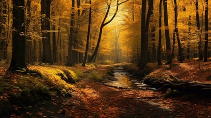 Golden autumn atmosphere in the forest, Generative AI.
