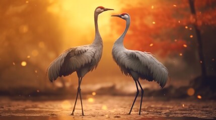 Graceful courtship dance of cranes, Generative AI.