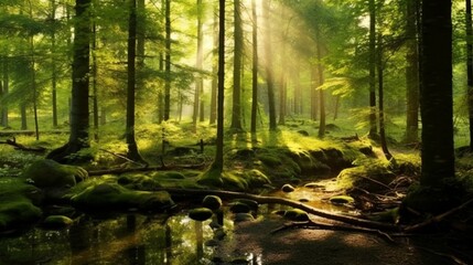 Green forest panorama illuminated by golden sunlight, Generative AI.