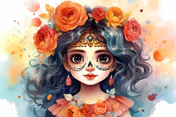 Foto auf Acrylglas Aquarellschädel Dia de los Muertos, cute Calavera Catrina with sugar skull makeup, watercolor illustration