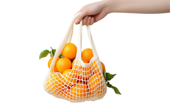 Hand holding an eco-friendly string bag filled with oranges isolated on a transparent background 