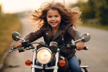 Fototapeta na wymiar Cute little girl in a leather jacket on a vintage motorcycle.