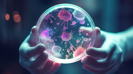 hands holding a petri dish with mold samples, close-up. Generative Ai.  - obrazy, fototapety, plakaty