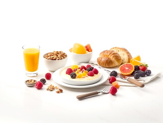Breakfast with oatmeal, berries and croissant on white background
