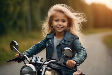 Fototapeta na wymiar Little girl riding a motorbike on the road in the summer.