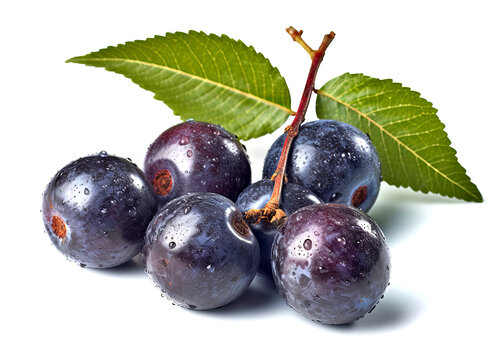 Bunch of ripe blueberries with green leaves isolated on white background.