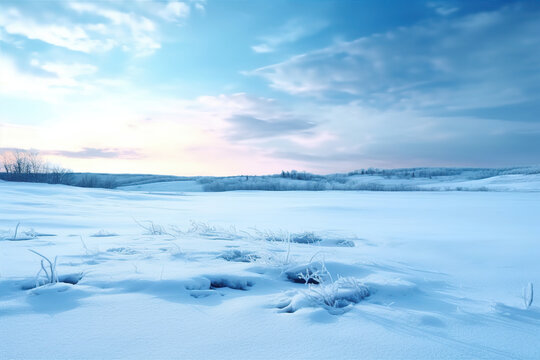 Frozen landscape full of snow. Abstract frozen landscape of Antarctica. Winter landscape traveling along the ground to the horizon. Realistic 3D illustration. Generative AI