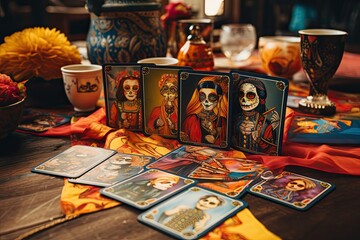 Naklejka na ściany i meble Tarot cards with Dia de los Muertos personages, spread out on a table, colorful design