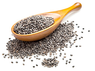 Black chia seeds in wooden spoon isolated on white background cutout.