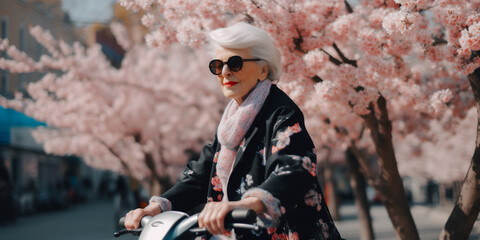 Generative AI, a gray-haired elderly stylish woman in glasses on an electric scooter or moped rides along a blooming spring European street, grandmother and modern transport, old age, active lifestyle