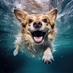 Underwater funny photo  happy dog swimming in water