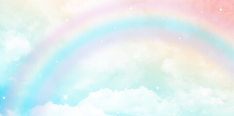 A soft cloud background with a pastel colored orange to blue gradient. Amazing sky with rainbow and fluffy clouds, toned in unicorn colors