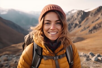 Fototapeta na wymiar Close up portrait of a smiling young woman with a backpack in the mountains