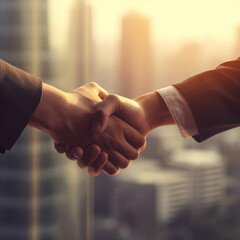 Business partnership meeting. Picture businessmans handshake. Successful businessmen handshaking after good deal.  background