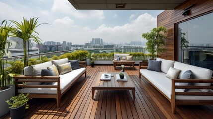 Obraz premium house villa resort open space interior design interior concept liing area and patio balcony connect to water pool and wooden deck cosy and natural touch feeling house beautiful ideas ,ai generate