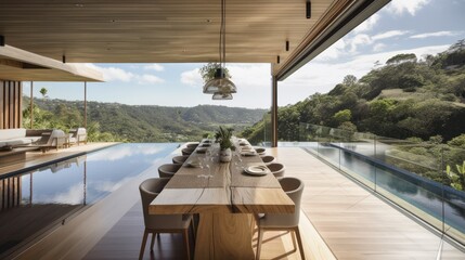 Fototapeta premium house villa resort open space interior design interior concept liing area and patio balcony connect to water pool and wooden deck cosy and natural touch feeling house beautiful ideas ,ai generate